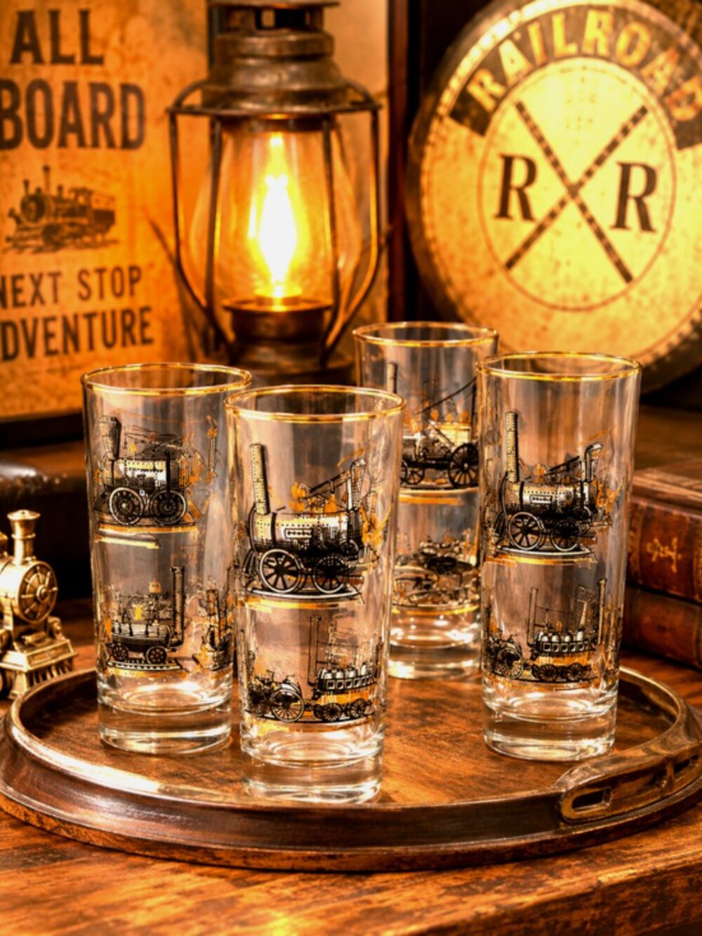 Vintage Libbey Steam Locomotive Highball Glasses Set 4 Gold Rim MCM Train USA